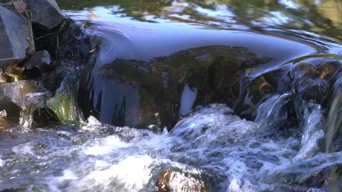 Close-Up of Flowing Stream Water Cascading Over Mossy Rocks in a Tranquil N.. Stock Footage 346549621