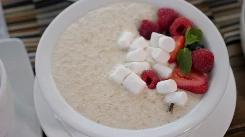 Close-up of a fly crawling over oatmeal porridge with raspberries in a cafe. Video stock 220115405