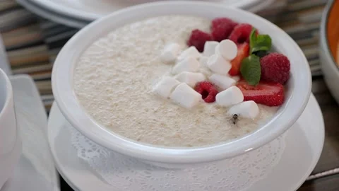 Close-up of a fly crawling over oatmeal porridge with raspberries in a cafe. Video stock 220115412