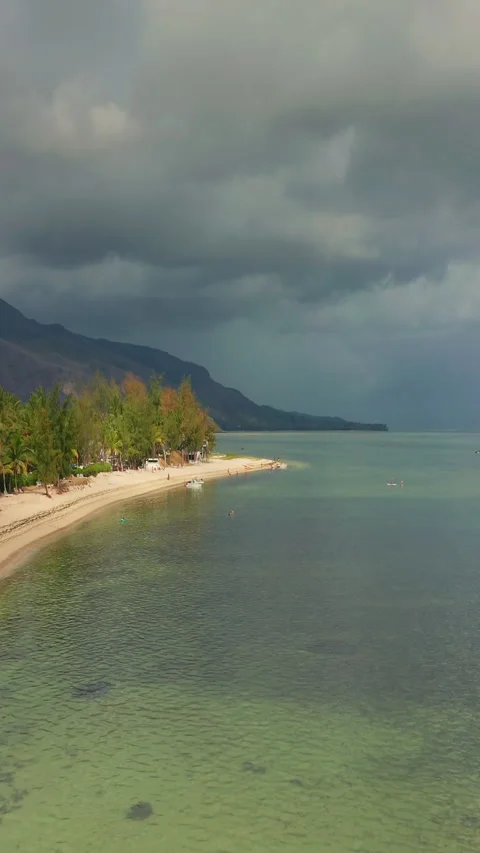 Close up fly over palm trees and beautiful beach lagoon. Paradise island in Video stock 271154623