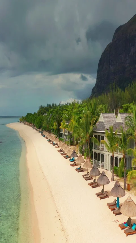 Close up fly over palm trees and beautiful beach lagoon. Paradise island in Vídeo Stock 271155469