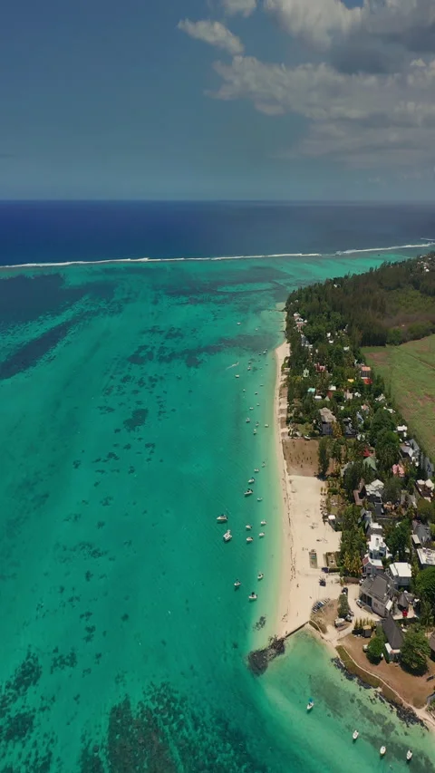 Close up fly over palm trees and beautiful beach lagoon. Paradise island in 스톡 동영상 271155576