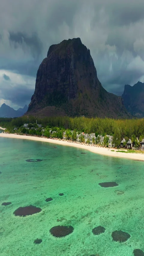 Close up fly over palm trees and beautiful beach lagoon. Paradise island in 库存影片 271665303