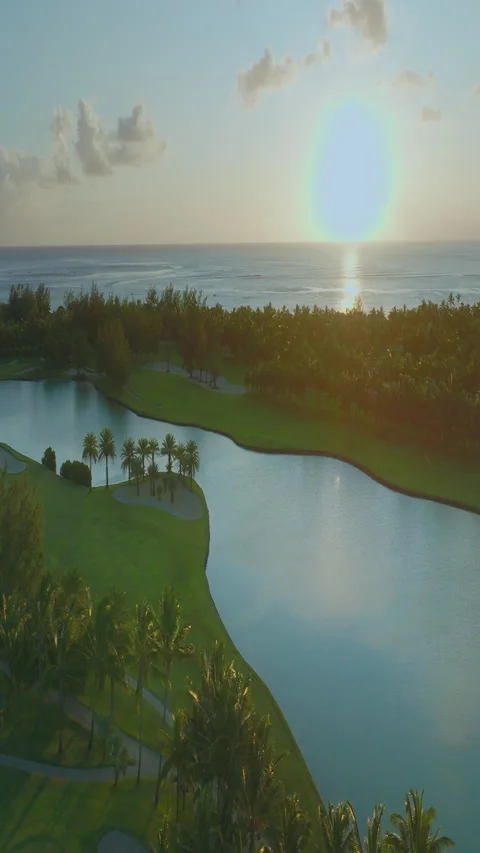 Close up fly over palm trees and beautiful beach lagoon. Paradise island in Stockbeeldmateriaal 272753066