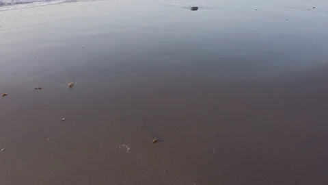 Close up of foam from ocean waves slowly spreading throw sand on beach during Video stock 123033881