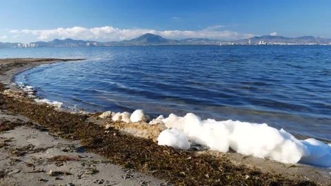 Close up of foam in a polluted sea 스톡 동영상 136900548