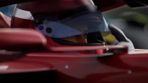 Close-up of a focused pilot driver in a red racing car, preparing for a race Stock Illustration