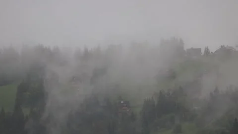 Close-up of fog rolling through a mountain forest with few visible village .. Vídeos de archivo 329063588