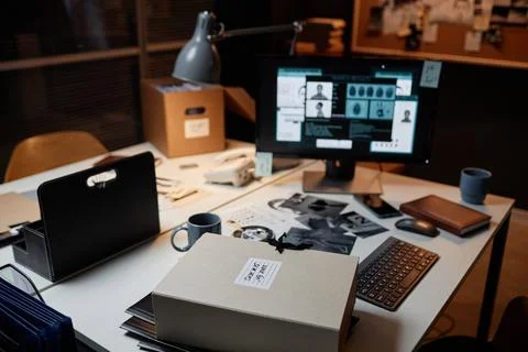 Close up of folders and evidence on detectives office in police department Foto stock