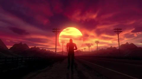 Close up follow shot of man on an empty road running to the sunset. Music video Illustrazione stock