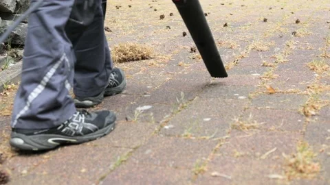 Close up, following shot of a man working with a leaf blower Stock Footage 130654533