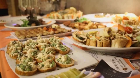 Close-up of foods on the buffet table Stock Footage 129927988