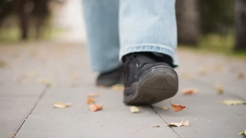 Close up of foot in black shoe walking through autumn leaves on gray pavement Stock Footage 346728546