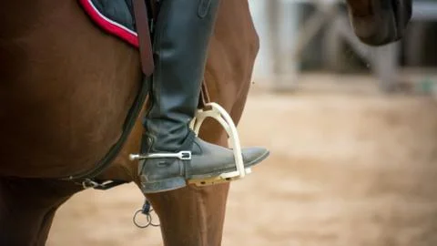 Close up of a foot inside the stirrups 스톡 사진