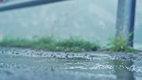 Close-up of a foot stepping into a puddle. Bottom view of a girl running in the Stock Footage 213326331