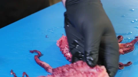 Close up footage of chef cutting octopus on cutting board Stock Footage 221862480
