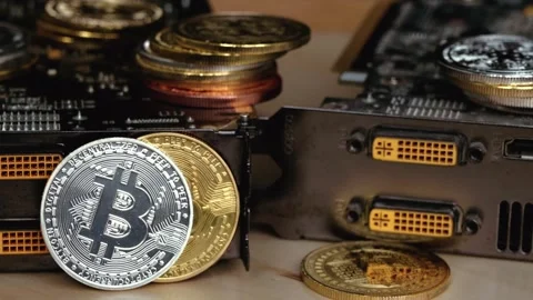 Close up footage of hands placing physical bitcoin coins on desktop compute.. Stock Footage 339412239