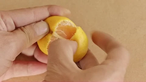 Close up footage of human hands splitting a fresh tangerine fruit into two .. Stock Footage 330315908