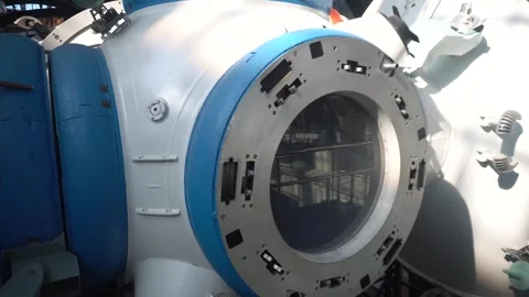 Close-up footage of the Mir space station exhibit displayed for visitors 스톡 동영상 342074879