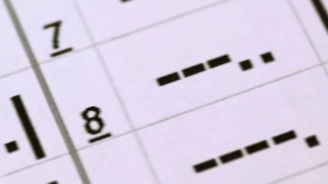 Close up footage of the Morse code symbols written on a paper,the shot is moving Stock Footage 69205033