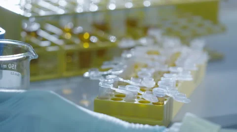 Close-up footage of a scientist adding liquid to test-tubes with a micro pipette Video stock 57665124