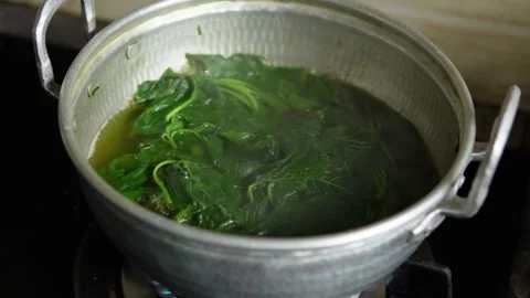 Close up footage of vegetable cooking process, boiling spinach inside a pot. Stock Footage 305225965
