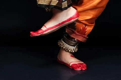 Close up of footsteps of indian classical dancer Stock Photos