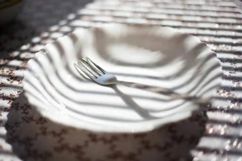 Close-up of fork in white plate on table. Stock Photos