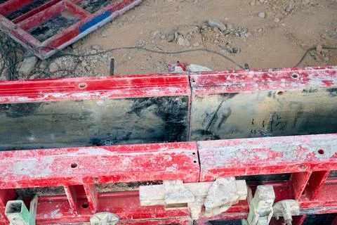 Close-up of formwork during the construction of a reinforced concrete wall. Fotos de archivo
