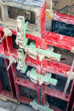 Close-up of formwork during the construction of a reinforced concrete wall. Fotos de archivo