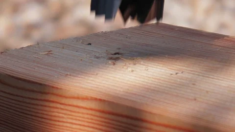 A close-up of a Forstner bit, starting to drill a hole into a wooden plank. Video stock 93798066
