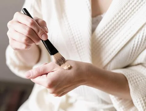 Close up foundation applied hand with brush High resolution photo 스톡 사진