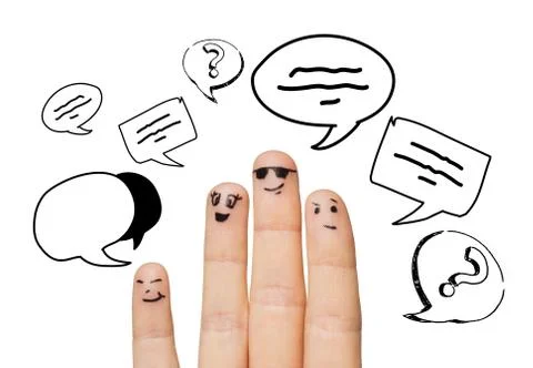Close up of four fingers with text clouds 库存照片