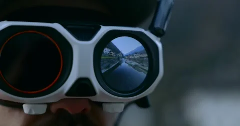 Close Up FPV Drone Goggles Reflecting River Flight Path Видео 345021859