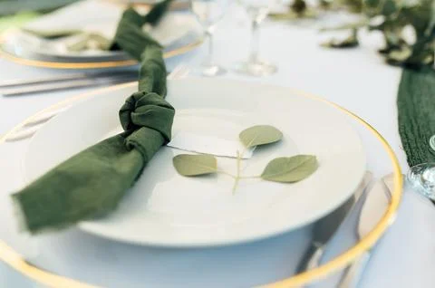 A close frame of the table at a wedding party. On the table lies plates, cups Stock Photos
