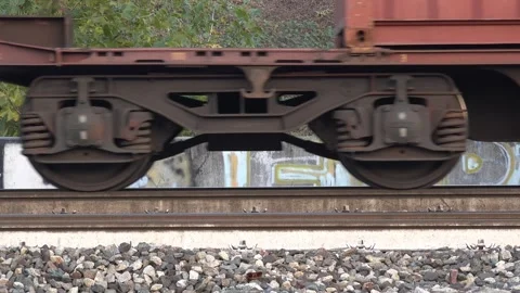 Close up of freight train wheels and bogie on railway tracks - C0019 Stock Footage 292640783