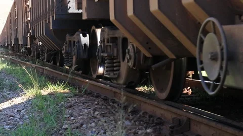 Close-up on freight train wheels for export, Brazil. Stock Footage 95500179