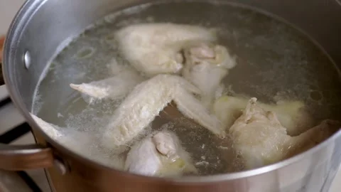 Close up, Fresh Chicken Wings are Boiling in Water Stock-Footage 314218862