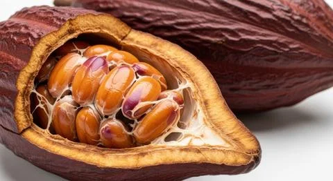 Close up of fresh cocoa pod halved revealing inner beans for chocolate making Stock Illustration