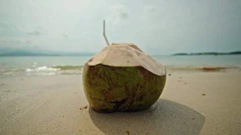 Close up of fresh coconut with a straw on a sandy beach, with gentle ocean .. Stock Footage 334905670