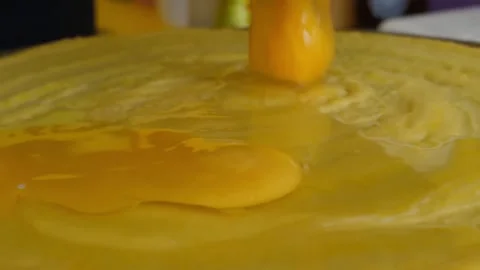 Close-Up of Fresh Egg Being Cracked onto Cooking Crepe Batter Stock Footage 345692575