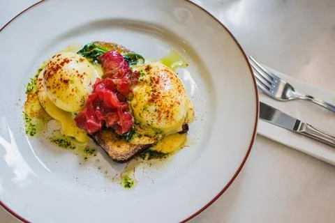Close up fresh egg Benedict with smoked salmon Stock Photos