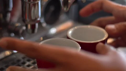 Close up of fresh espresso flows from coffee machine Stock Footage 312676899