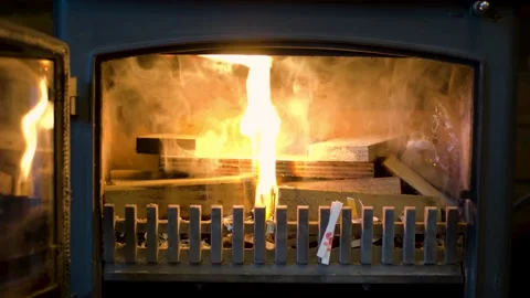Close up of fresh fire starting to burn wood in log burner creating smoke inside Stock Footage 142480281