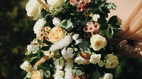 Close-up of fresh flowers decorating the wedding arch Stock Footage 331252300