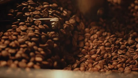 Close-up fresh fried coffee beans mixing around on a cooling plate of an oven Stock Footage 269453893