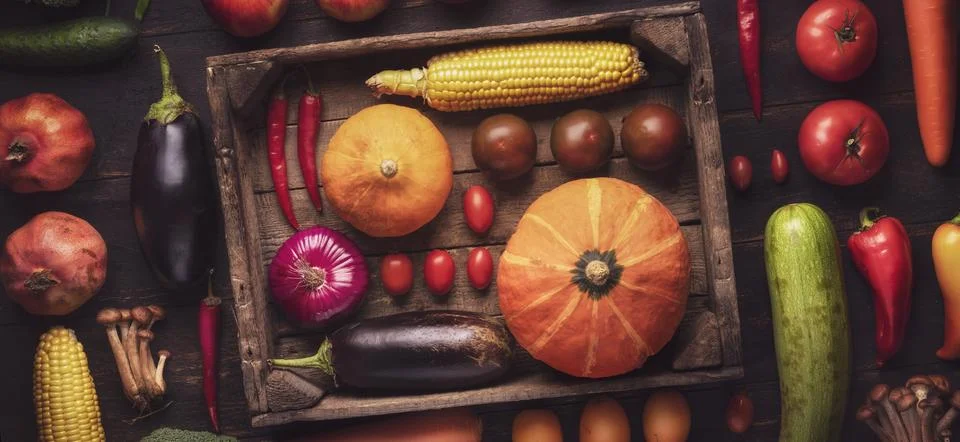 Close-up of fresh fruits and vegetables in a box on a flatline wooden table Stock Photos