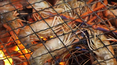 Close-Up of Fresh Giant River Prawns Grilling on an Open Charcoal BBQ Grid 库存影片 344227602