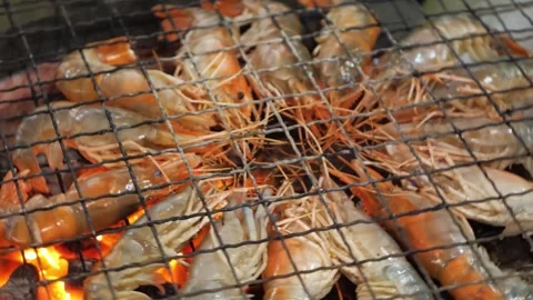 Close-Up of Fresh Giant River Prawns Grilling on a Charcoal BBQ Net 库存影片 344227638