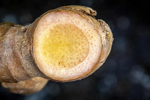 Close-up of fresh ginger root cross-section, yellow interior Stock Photos